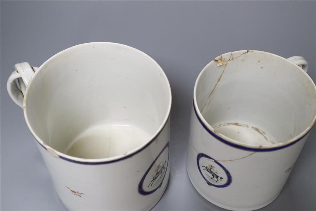 Two late 18th century Chinese export mugs, tallest 14cm (a.f.)